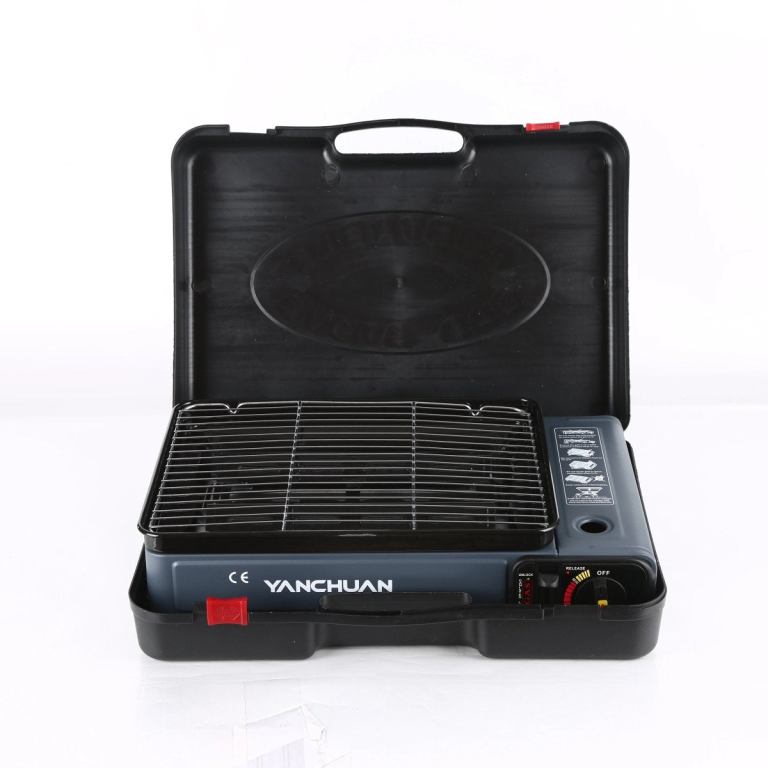 portable gas stove burner butane bbq camping gas cooker with non stick plate black
