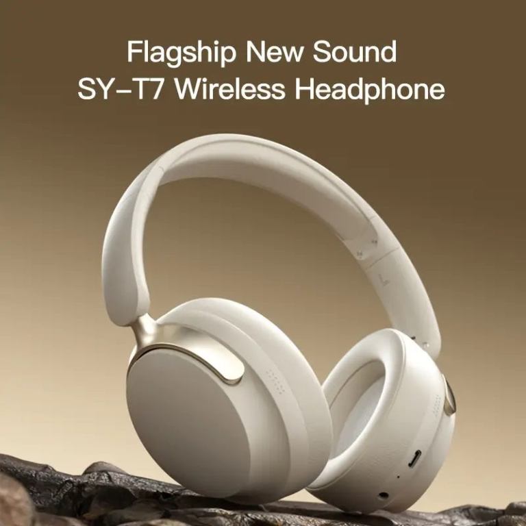 jr sy t7 bluetooth 5.4 over ear headset wireless headphones with noise cancelling mic (beige)