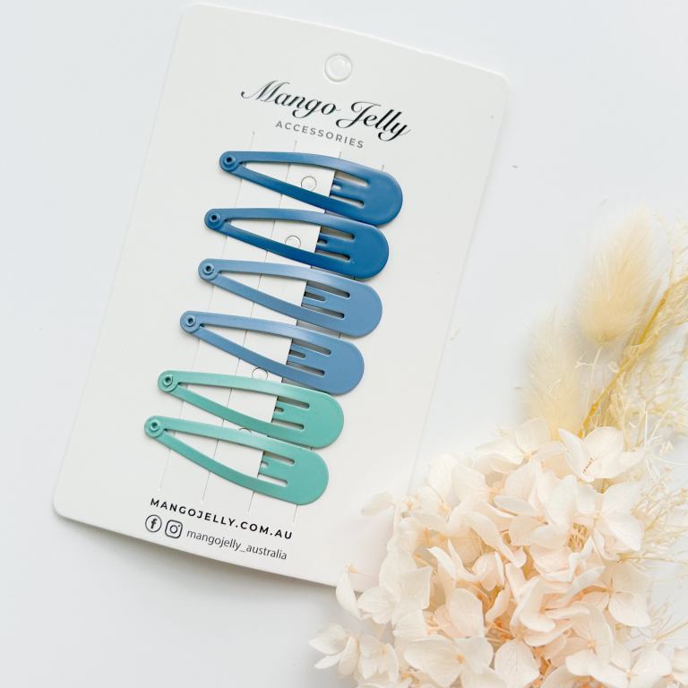 essential snap hair clips blue 6 pieces Blue and mint snap hair clips on card