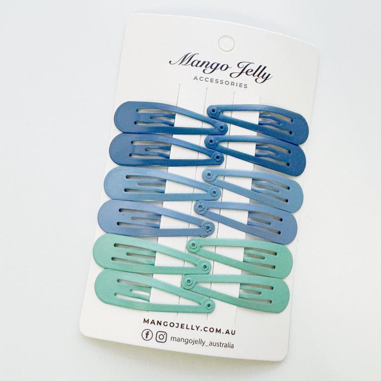 essential snap hair clips blue 6 pieces Blue and mint snap hair clips on card