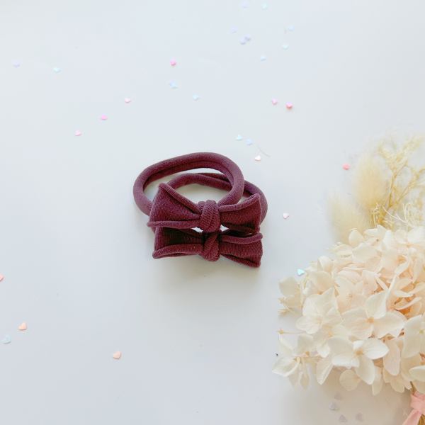 handmade simple bow metal free hair ties violet 1 pairs dusty purple Maroon bow headbands on white with confetti