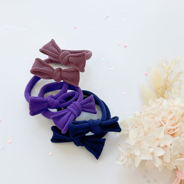 handmade simple bow metal free hair ties violet 1 pairs dusty purple Fabric bow hair ties on white background