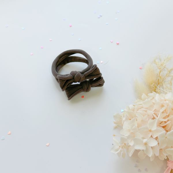 handmade simple bow metal free hair ties mustard 1 pairs grey Brown bow hair ties on white background