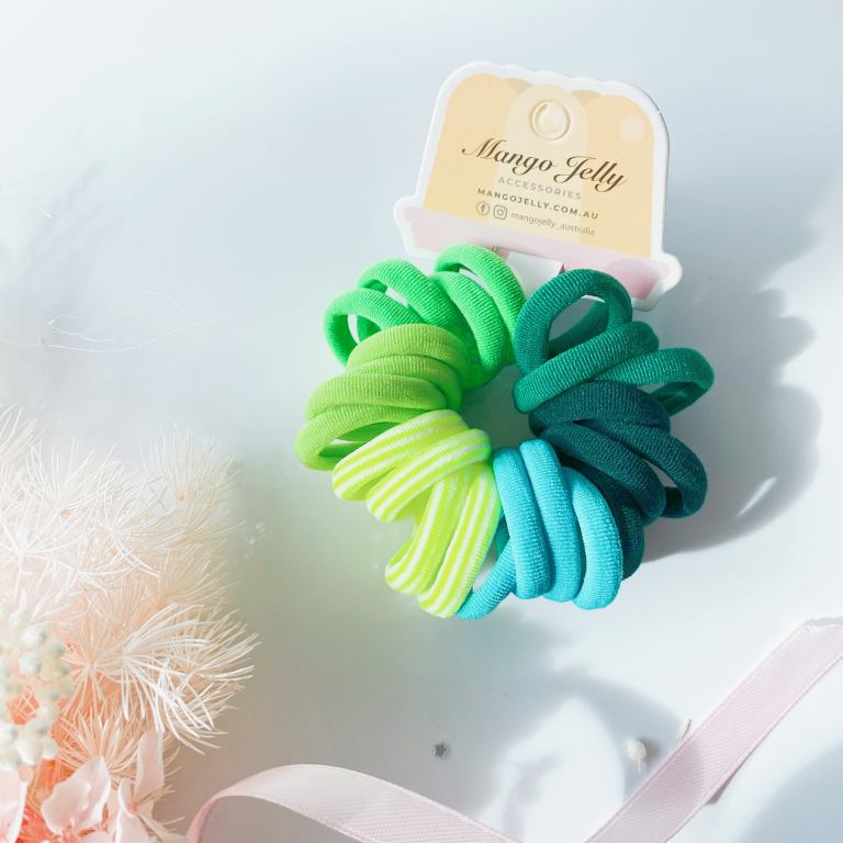 Green hair elastics on Mango Jelly card