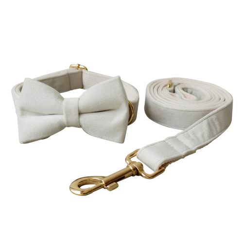 Cream dog collar with bow and matching leash