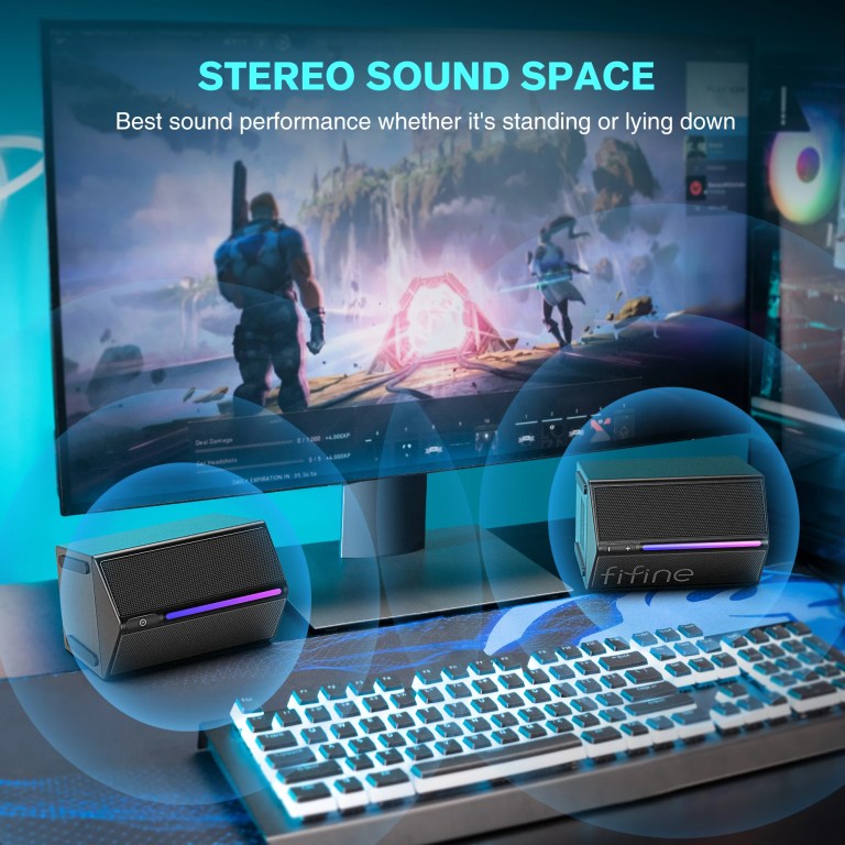 FIFINE Gaming Sound Box with Stereo Surround Sound, USB RGB Speaker with Vol Control for PC,Lattop,PS4/5,TV-Ampligame A20 2
