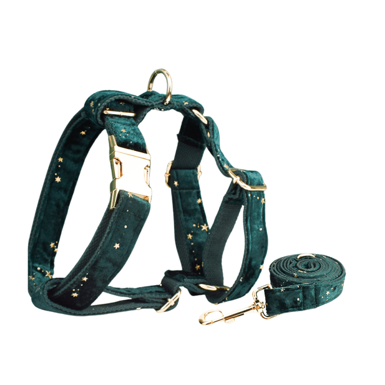 15 77328ce7 1ec1 4a9e add2 af0f67ca152b.png Green velvet dog harness and leash set