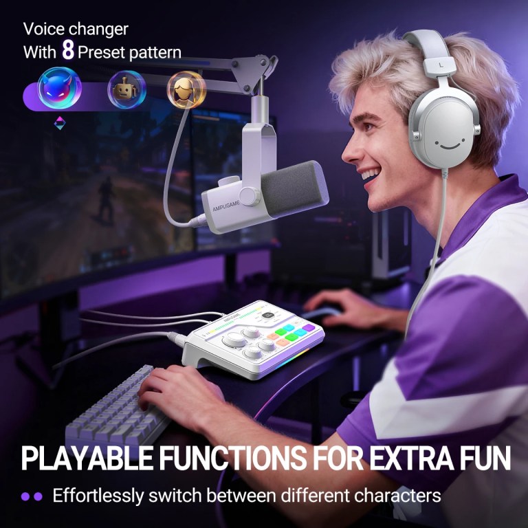 FIFINE Audio Mixer with Voice Changer/Knob Mute for PC/PS4 ,RGB Mixer with 3 EQ Modes/XLR Mic Preamp for Gaming/Streaming-SC8W 5