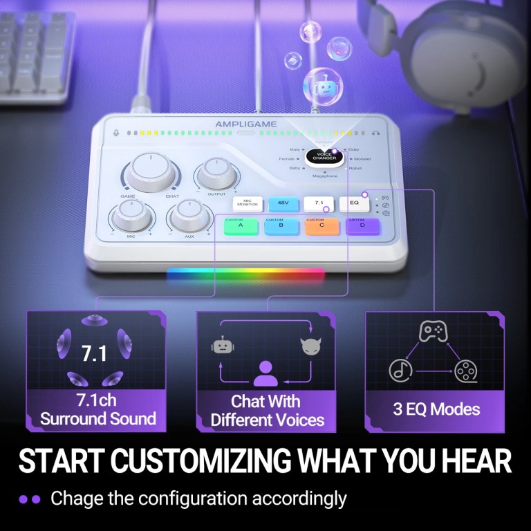 FIFINE Audio Mixer with Voice Changer/Knob Mute for PC/PS4 ,RGB Mixer with 3 EQ Modes/XLR Mic Preamp for Gaming/Streaming-SC8W 4