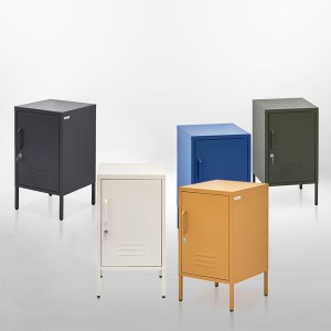 Five colourful metal storage lockers on white background