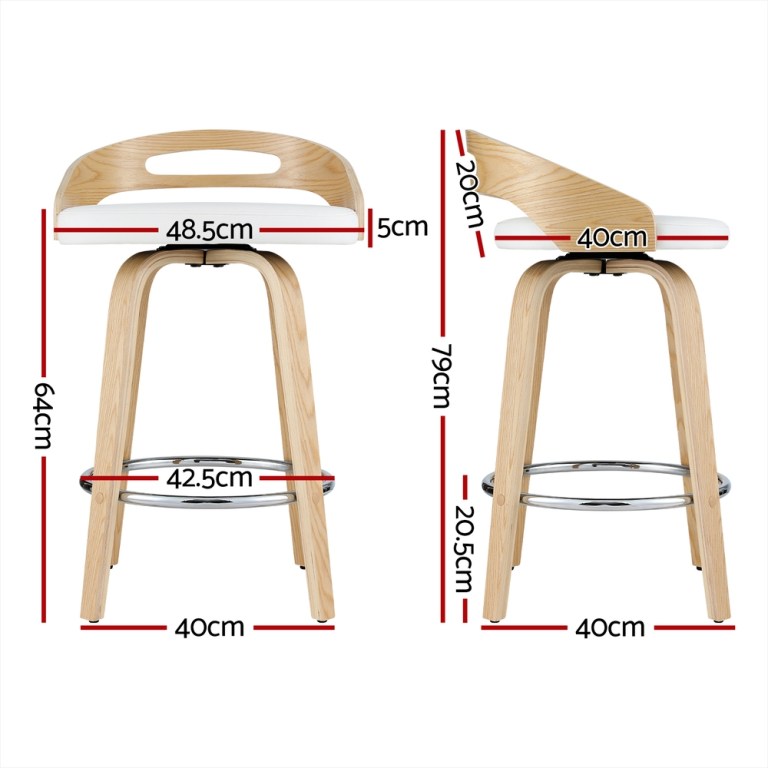 Wooden bar stool with labelled dimensions diagram