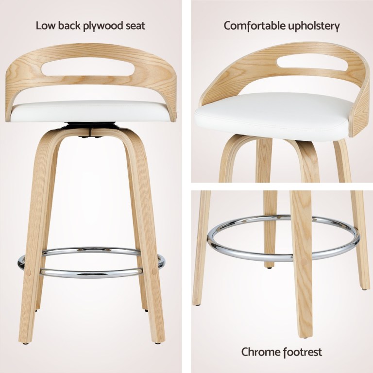 Wooden bar stool with low back and chrome footrest