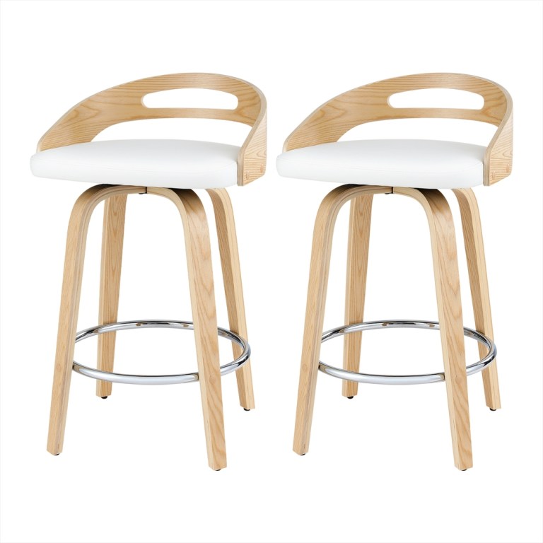 Two modern wooden bar stools with white seats