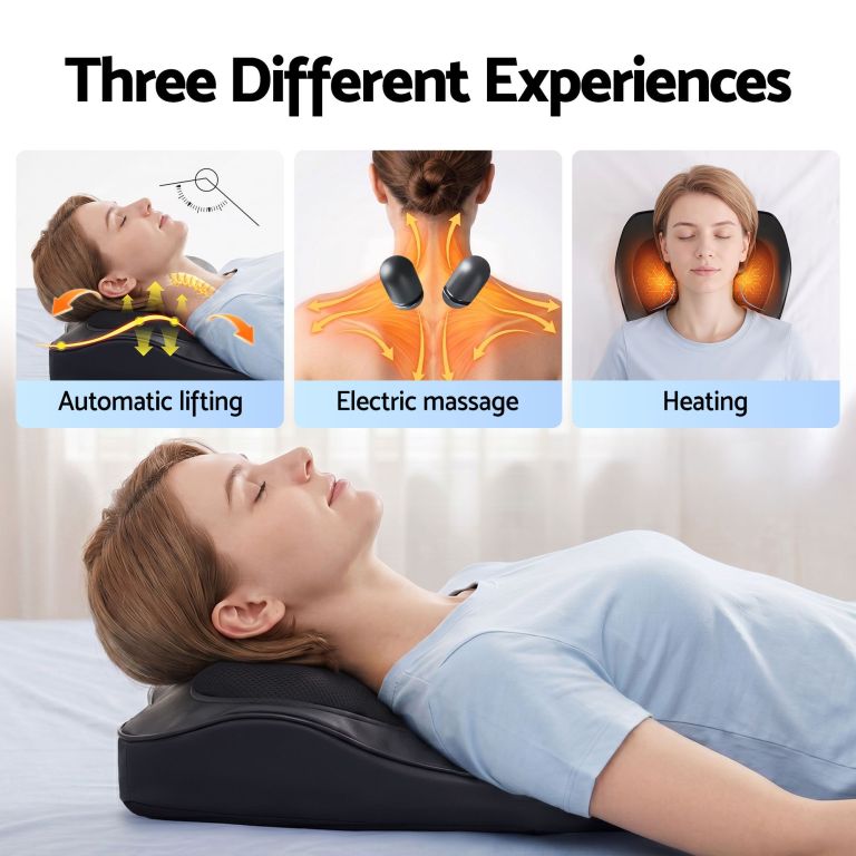 livemor back massager with heat and traction, neck and shoulder massage pillow, ergonomic backrest for office chair & sofa, lumbar support cushion with 2 level thermal relief, 6 modes for cervical & full body pain relief, large Neck massager with lifting, massage and heating modes