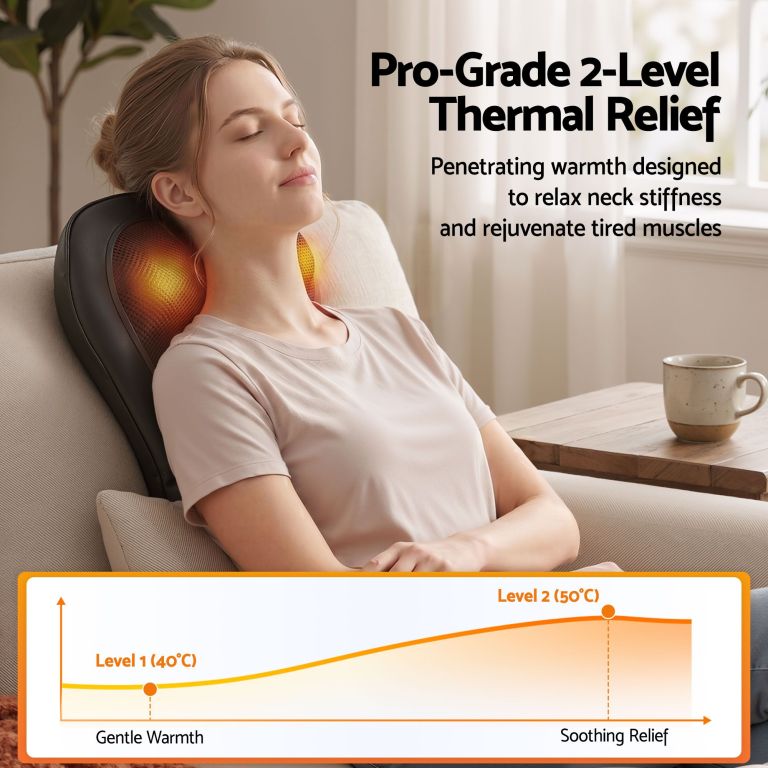 livemor back massager with heat and traction, neck and shoulder massage pillow, ergonomic backrest for office chair & sofa, lumbar support cushion with 2 level thermal relief, 6 modes for cervical & full body pain relief, large Woman using heated neck massager at home