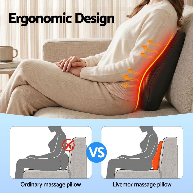 livemor back massager with heat and traction, neck and shoulder massage pillow, ergonomic backrest for office chair & sofa, lumbar support cushion with 2 level thermal relief, 6 modes for cervical & full body pain relief, large Woman using ergonomic heated back massage pillow