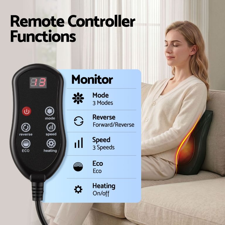 livemor back massager with heat and traction, neck and shoulder massage pillow, ergonomic backrest for office chair & sofa, lumbar support cushion with 2 level thermal relief, 6 modes for cervical & full body pain relief, large Remote control for heated massage seat cushion