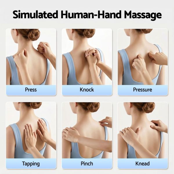livemor back massager with heat and traction, neck and shoulder massage pillow, ergonomic backrest for office chair & sofa, lumbar support cushion with 2 level thermal relief, 6 modes for cervical & full body pain relief, large Back massage techniques demonstration with labelled hand movements