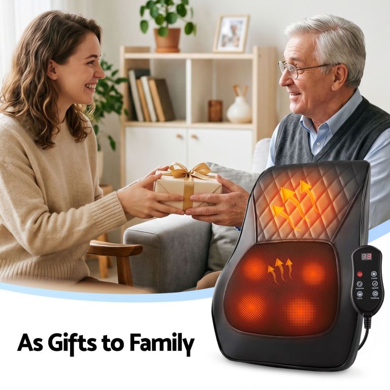livemor back massager with heat and traction, neck and shoulder massage pillow, ergonomic backrest for office chair & sofa, lumbar support cushion with 2 level thermal relief, 6 modes for cervical & full body pain relief, large Woman gifting heated massage seat to older man