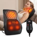 livemor back massager with heat and traction, neck and shoulder massage pillow, ergonomic backrest for office chair & sofa, lumbar support cushion with 2 level thermal relief, 6 modes for cervical & full body pain relief, large Woman using heated neck and back massager cushion