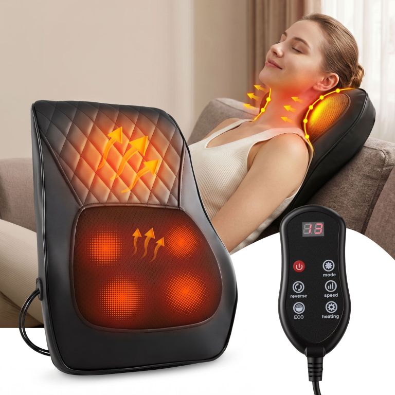 livemor back massager with heat and traction, neck and shoulder massage pillow, ergonomic backrest for office chair & sofa, lumbar support cushion with 2 level thermal relief, 6 modes for cervical & full body pain relief, large Woman using heated neck and back massager cushion