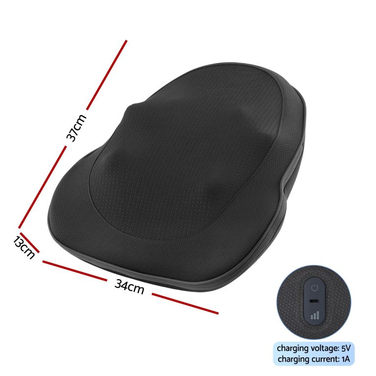 Black ergonomic seat cushion with dimensions shown