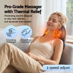 Woman using heated neck massager on sofa