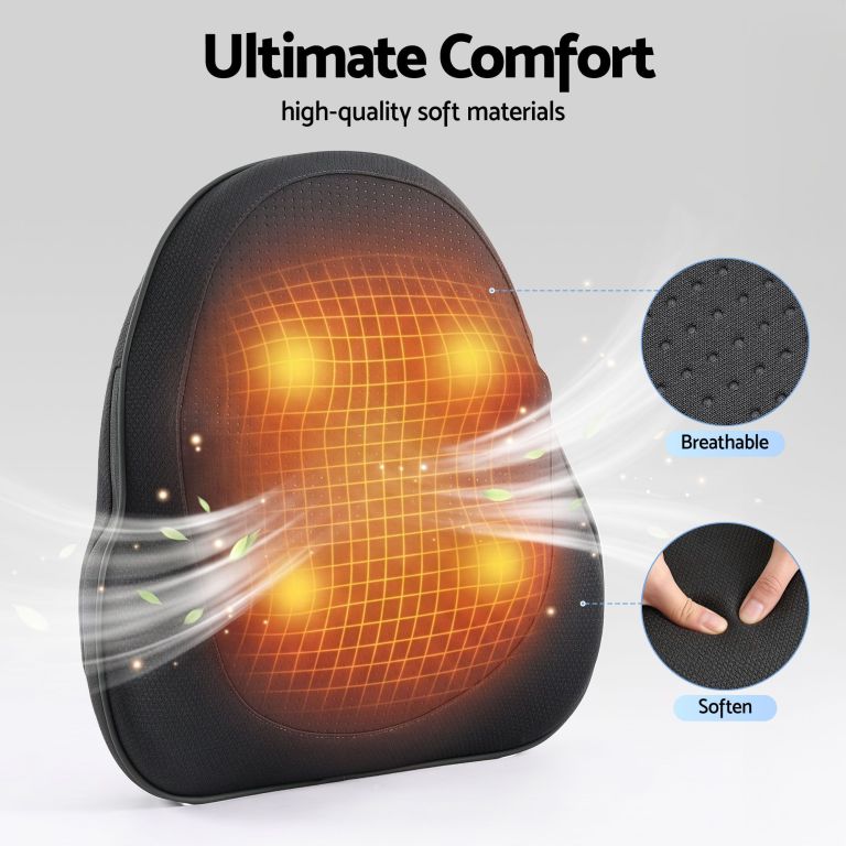 Heated back support cushion with breathable fabric