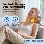 Woman using heated neck massager on couch