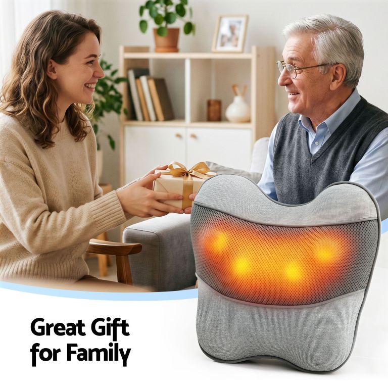 Woman gifting heated massage cushion to older man
