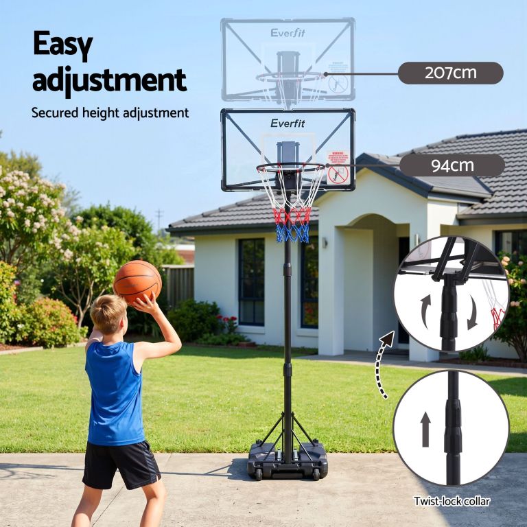 everfit portable basketball hoop system adjustable full foldable stand 2.07m Adjustable backyard basketball hoop with child playing
