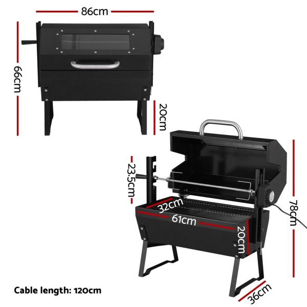 grillz bbq grill charcoal electric smoker roaster Black electric rotisserie BBQ with dimensions labelled