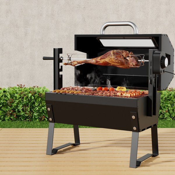 bbq elc rac 6535 bk 162110 04.jpg Outdoor barbecue with rotisserie lamb and skewers