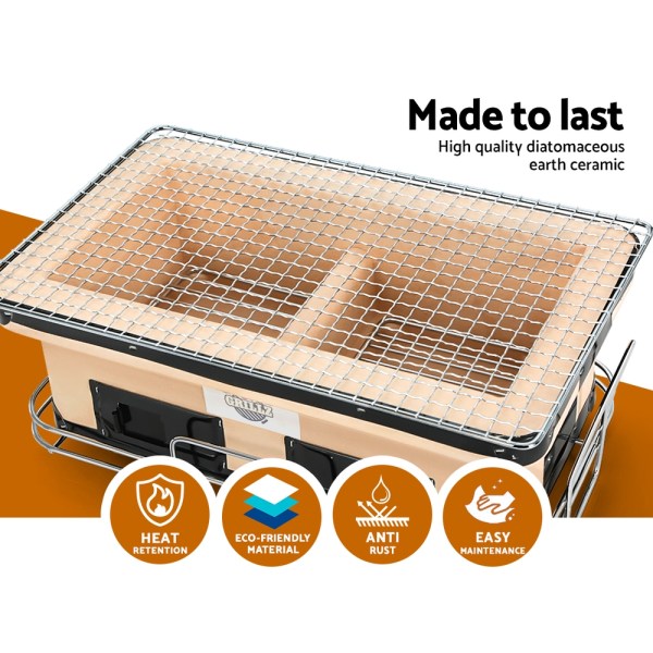 Rectangular ceramic charcoal grill with metal mesh top