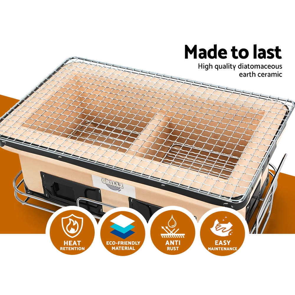 Rectangular ceramic charcoal grill with metal mesh top