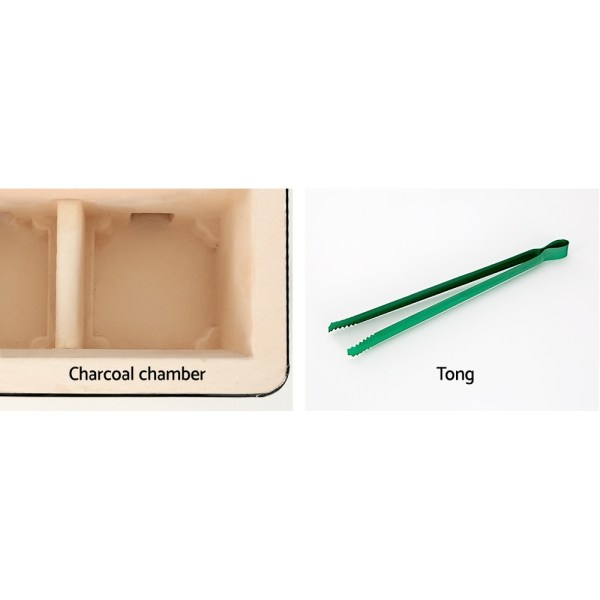 Charcoal chamber and green tongs on white background