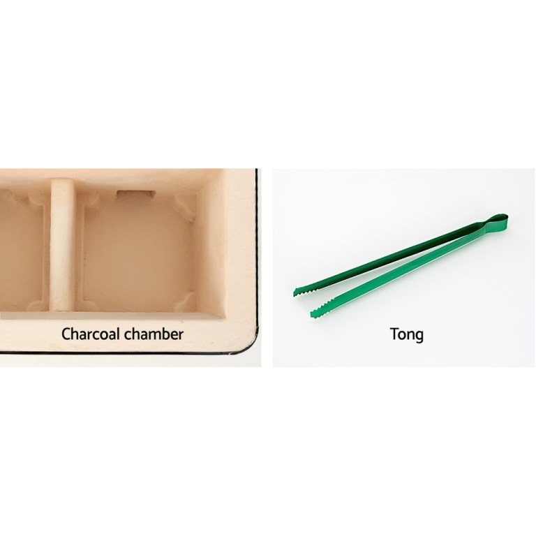 Charcoal chamber and green tongs on white background