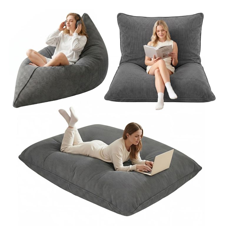 Women relaxing on grey corduroy bean bag chairs