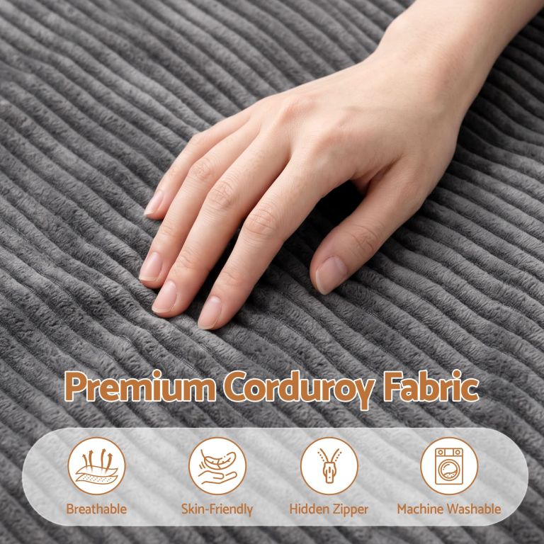 Hand touching grey premium corduroy fabric