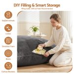 Woman filling large grey bean bag with foam