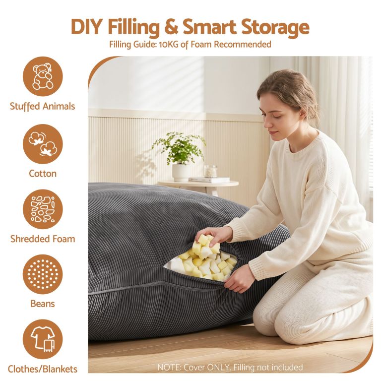 Woman filling large grey bean bag with foam