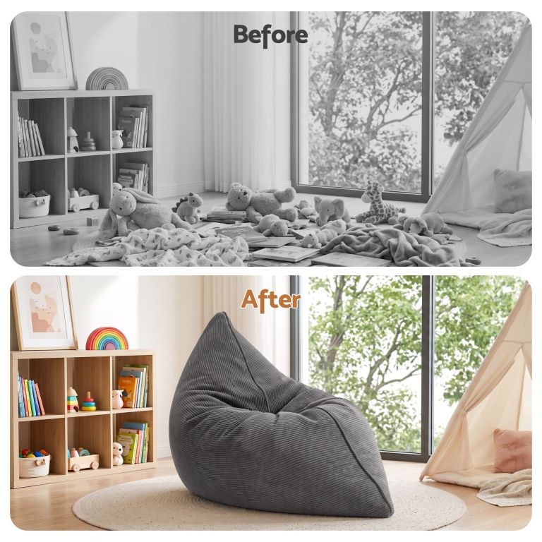 Children’s playroom before and after tidy makeover