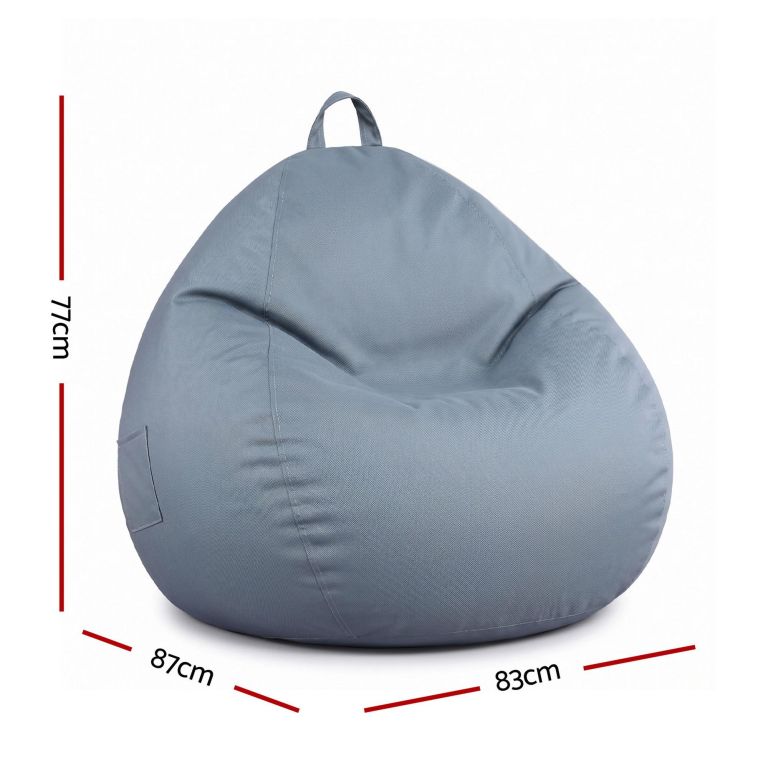 artiss outdoor bean bag chair cover (no filler) splash proof beanbag sofacover for adults teens kids stuffable bean bag cover for patio poolside relaxing, grey Grey bean bag chair with dimensions displayed