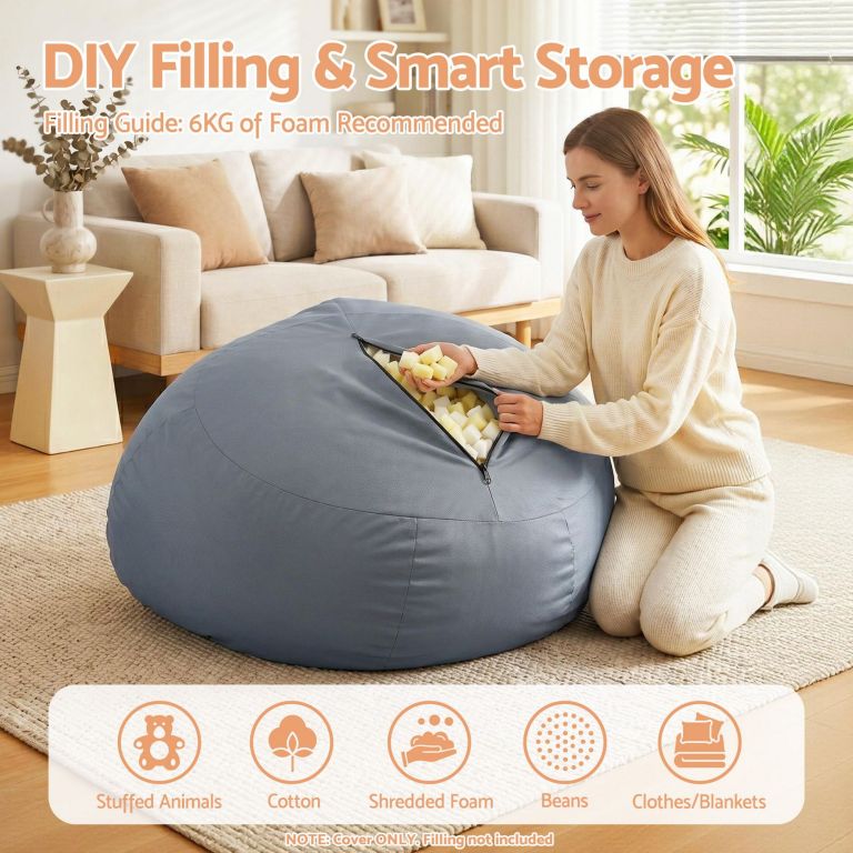 artiss outdoor bean bag chair cover (no filler) splash proof beanbag sofacover for adults teens kids stuffable bean bag cover for patio poolside relaxing, grey Woman filling bean bag with foam cubes indoors