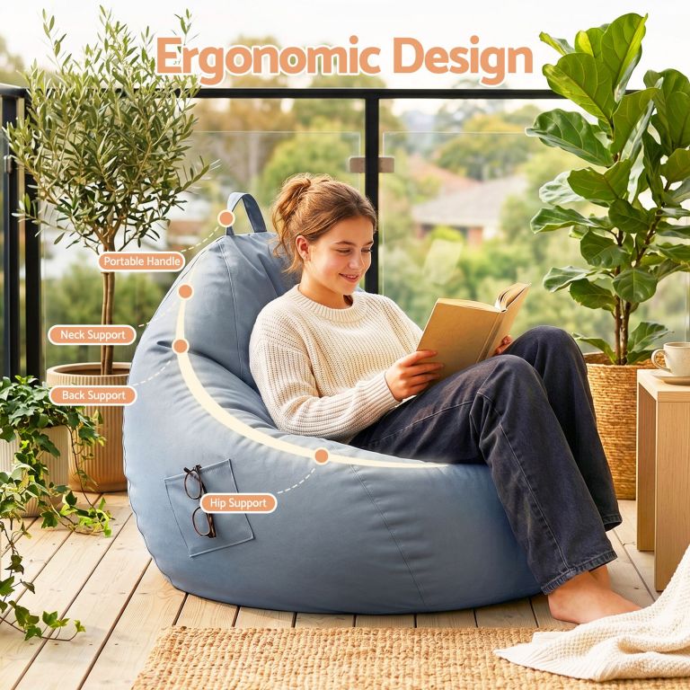artiss outdoor bean bag chair cover (no filler) splash proof beanbag sofacover for adults teens kids stuffable bean bag cover for patio poolside relaxing, grey Woman reading on ergonomic floor chair