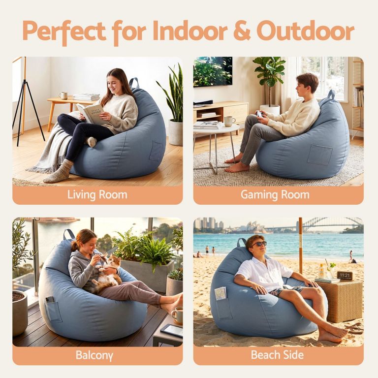 artiss outdoor bean bag chair cover (no filler) splash proof beanbag sofacover for adults teens kids stuffable bean bag cover for patio poolside relaxing, grey Blue bean bag for indoor and outdoor use