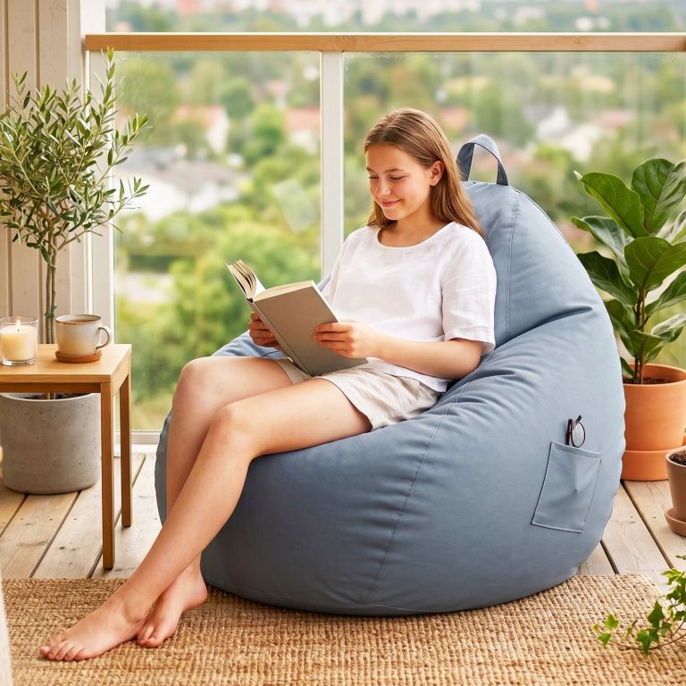 artiss outdoor bean bag chair cover (no filler) splash proof beanbag sofacover for adults teens kids stuffable bean bag cover for patio poolside relaxing, grey Woman reading book on bean bag by window