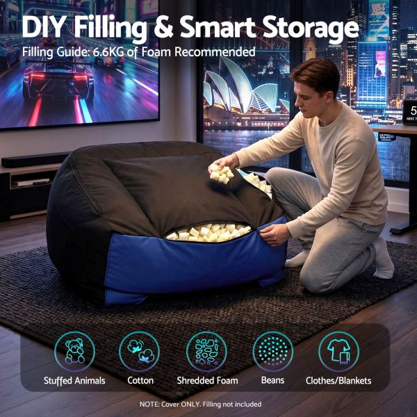 artiss gaming bean bag chair cover (no filler) for adults teens kids splash proof floor gaming chair cover with side pockets, headphone hanger, cup holder, bean bag cover only Man filling bean bag with foam pieces indoors