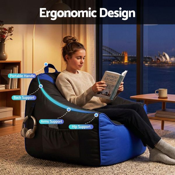 artiss gaming bean bag chair cover (no filler) for adults teens kids splash proof floor gaming chair cover with side pockets, headphone hanger, cup holder, bean bag cover only Woman reading in ergonomic floor chair indoors