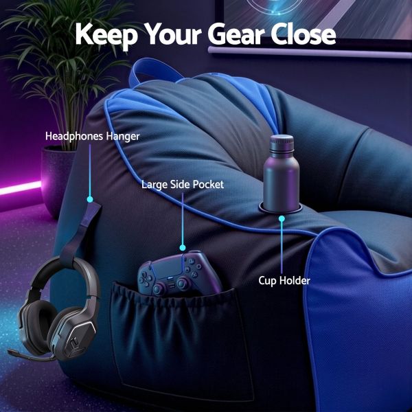 artiss gaming bean bag chair cover (no filler) for adults teens kids splash proof floor gaming chair cover with side pockets, headphone hanger, cup holder, bean bag cover only Gaming chair organiser with pockets and cup holder